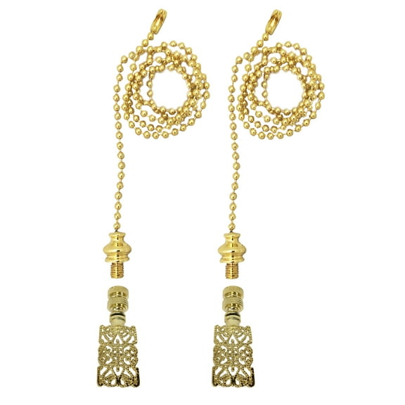 Royal Designs Fan Pull Chain with Rectangle Center Cross Filigree Finial – Polished Brass – Set of 2