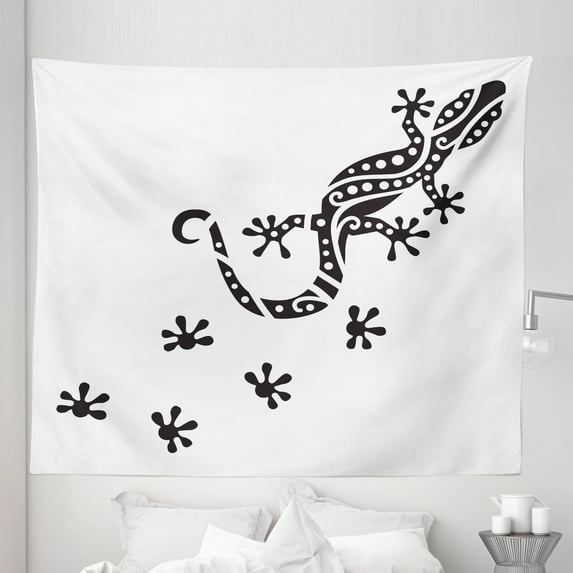 Gecko Tapestry, Monochrome Composition of a Lizard with Footprints Simplistic Exotic Wildlife, Fabric Wall Hanging Decor for Bedroom Living Room Dorm, 5 Sizes, Black and White, by Ambesonne