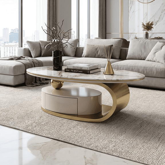 51.18" Luxury Oval Coffee Table with Drawer, Print Glass Top, Brushed Gold 201# Stainless Steel Frame, Modern Living Room Storage Center Table