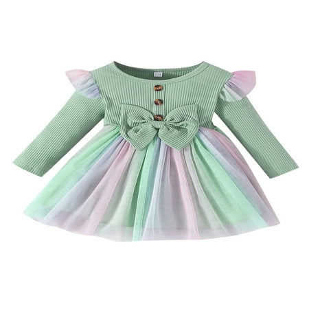 

HLONK Toddler Girls Spring Princess Dress Long Sleeve Ruffle Tulle Patchwork Dress with Bow Decor