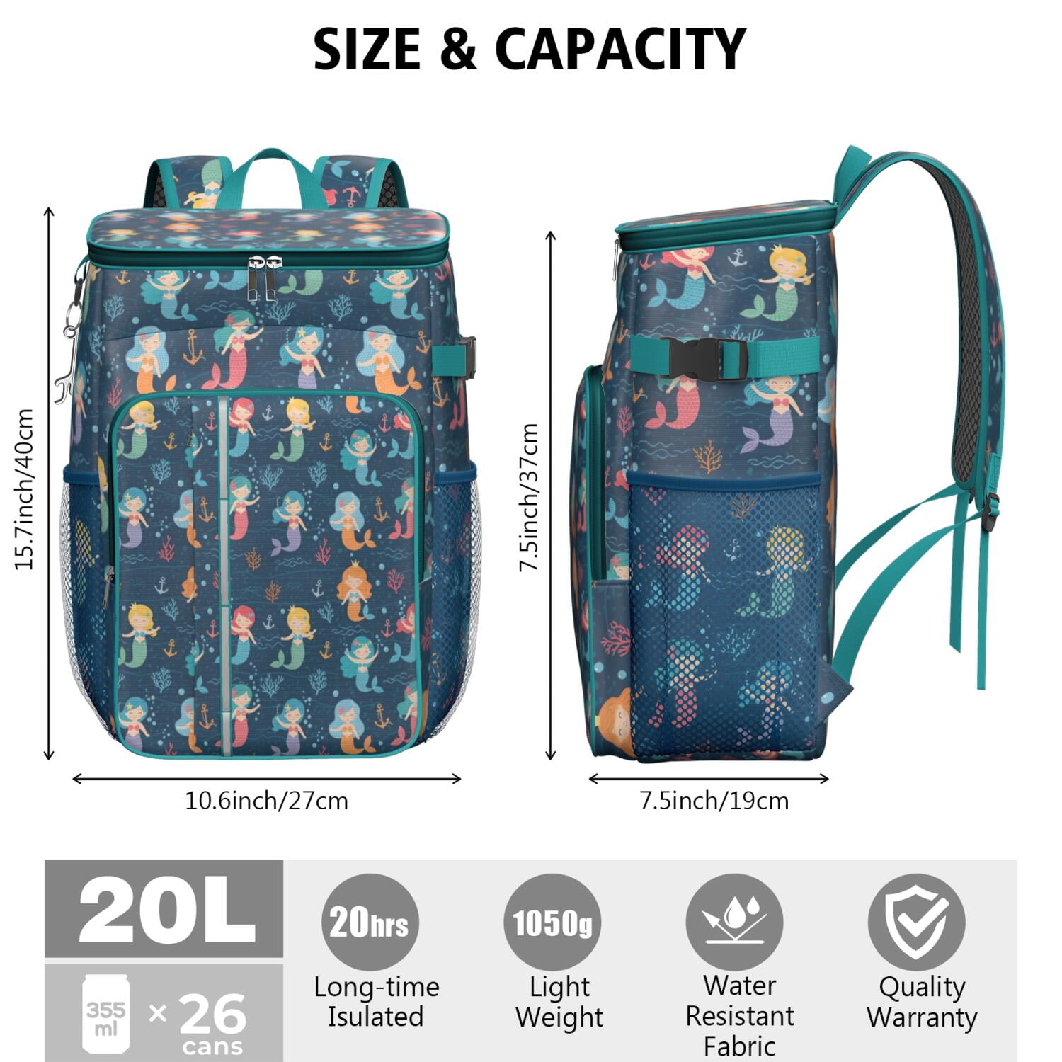 Travel Cooler Bag - Dark Blue Mermaid Pattern Camping Beer Cooler Backpack with Bottle Opener- Waterproof Insulated Picnic Backpacks - Cooler Bag for Beach
