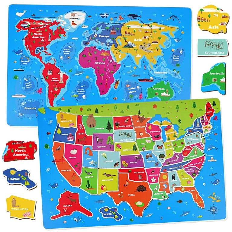 33Pcs World & United States Map Puzzle For 6-8-10,Wooden Map Puzzle Toy For  Kids 