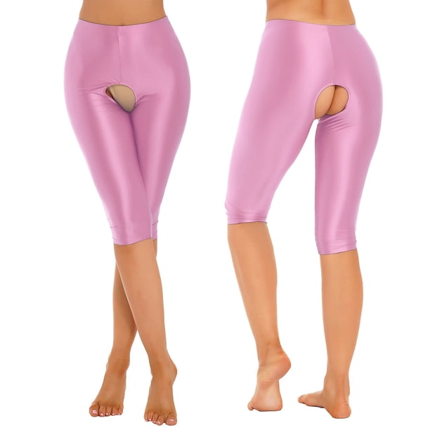 Women Sexy Glossy Crotchless Shorts Rave Party Nightclub Hot Pants Stretchy Smooth Elastic Waistband Leggings Nightwear ClubwearXL Gong Bohan LED