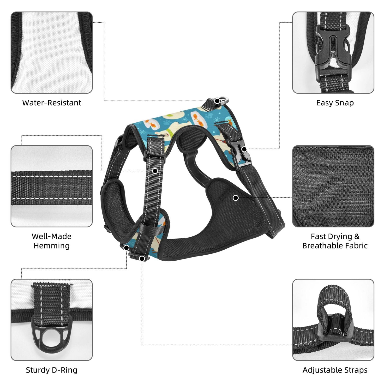 Fuzoiu Cute Polar Bear Fishing Print Reflective Dog Harness,Adjustable, Breathable Pet Vest,Dog Harness No Pull,No Choke Pet Vest for Small, Medium, and Large Dogs-Medium