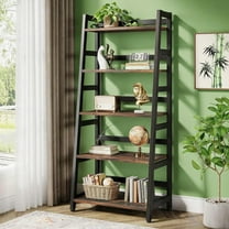 5-Tier Ladder Bookshelf, 56.5" Vintage Storage Shelf with 50LB/Shelf Capacity, Rustic Brown & Black Metal Frame, 23.6" Wide Bookcase for Living Room, Office, Bedroom