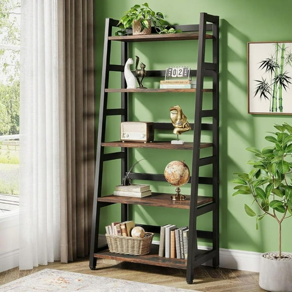 5-Tier Ladder Bookshelf, 56.5" Vintage Storage Shelf with 50LB/Shelf Capacity, Rustic Brown & Black Metal Frame, 23.6" Wide Bookcase for Living Room, Office, Bedroom