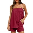 thumbnail image 2 of Karymi Womens Summer Tops 2 Piece Linen Blend Outfit Set, Square Neck Thin Spaghetti Strap Tank Top+Elastic High Waist Casual Shorts with Side Pockets Rompers for Women, 2 of 7
