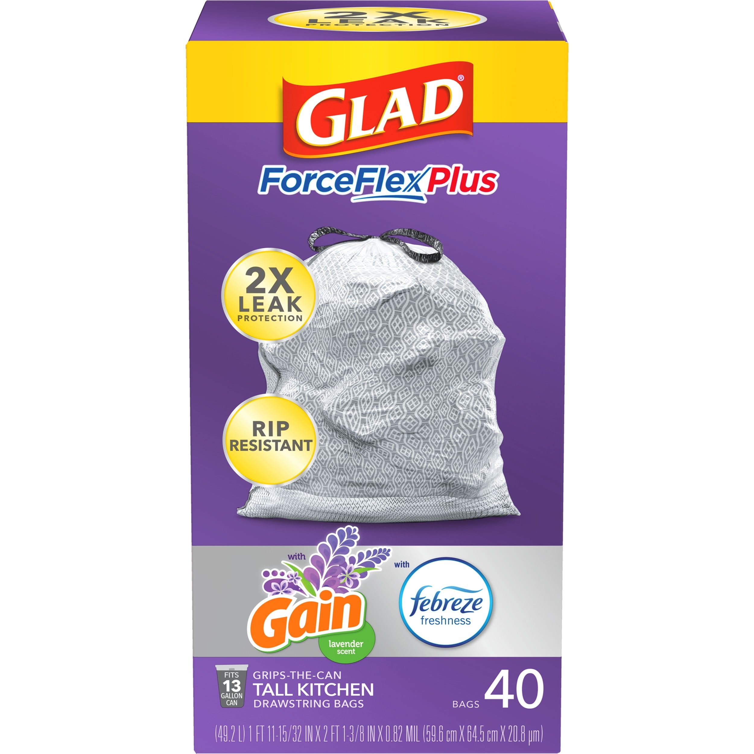 Glad ForceFlex with Febreze Gain Lavender Scent Tall Kitchen Drawstring Trash  Bags, 80 ct - Fry's Food Stores