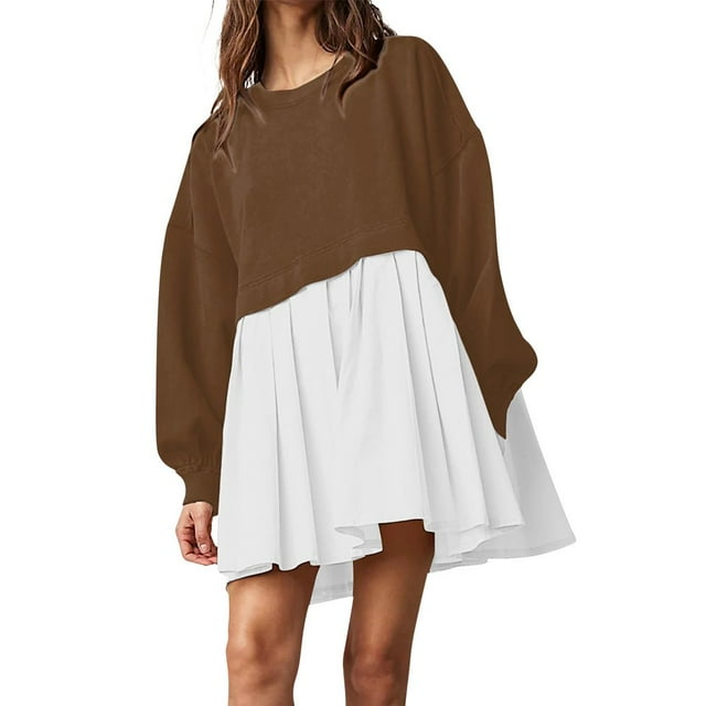 Womens Oversized Sweatshirt Dress Long Flowy Patchwork Pullover Tops Cute Drop Shoulder Sweatshirts Fall Long Sleeve Mini Dress Teen Girls Crewneck Solid Tunic Pleated Loose Clothing Beig