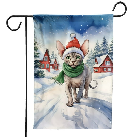 Hello Winter Sphynx Frosty Morning Walk Welcome Snowy Christmas Garden Flag 12x18in Double Sided Cat Lover Kitten Owner Gifts Idea Outdoor Decor - 02018