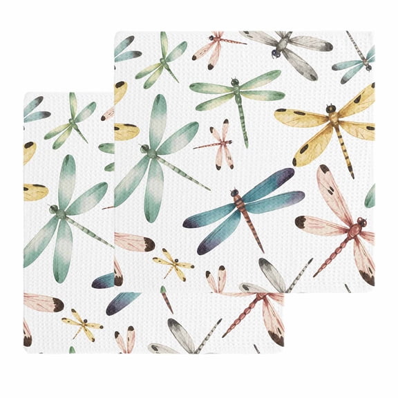 Dragonfly Dish Towels Set, Waffle Weave Kitchen Towels 2 Pieces, Watercolor Colorful Nature Painting Art Microfiber Hair Face Bath Tea Towel Absorbent Quick Drying Cleaning Dish Cloths, 12"x12"