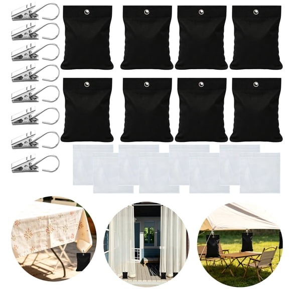 24 Pack Black Fillable Outdoor Curtain Weight Bags with Fixing Clips and Clear Inner Pouches for Wind Protection on Pergola, Cabana, Gazebo & Garden Curtains