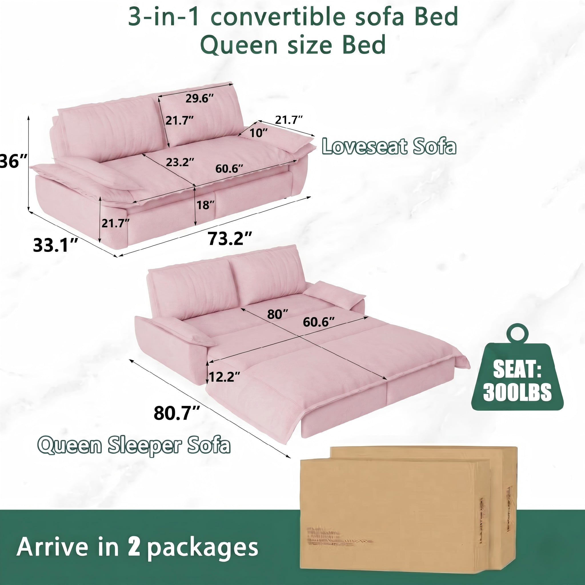 Multi-Functional Velvet 3-in-1 Convertible Sofa Bed, Queen Size Sleeper Loveseat with 2 Pillows, Pink