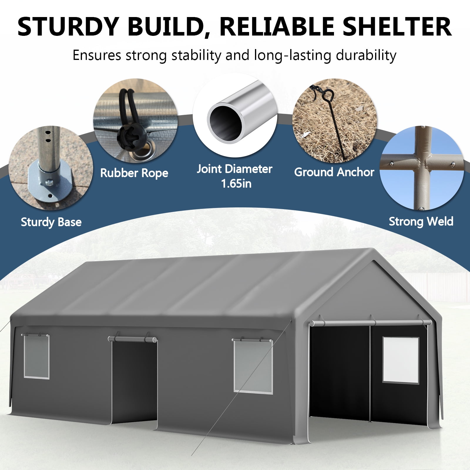 13x26 ft Heavy Duty Carport Canopy with Roll-up Ventilated Windows & Doors, Side Door Portable Garage with Metal Frame, Car Canopy with Waterproof & UV-Resistant for Car, Truck, Boat - Grey