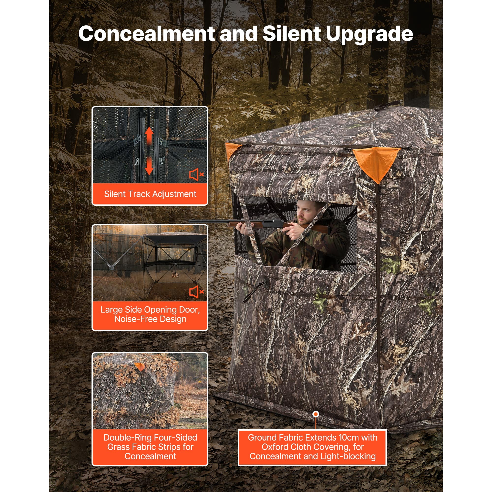 KFFKFF Hunting Blind for 2-3 People, See-Through Ground Tent with Carrying Bag, 360-Degree Portable Camouflage Shelter, Durable Concealed Design with Quiet Side Door and Window