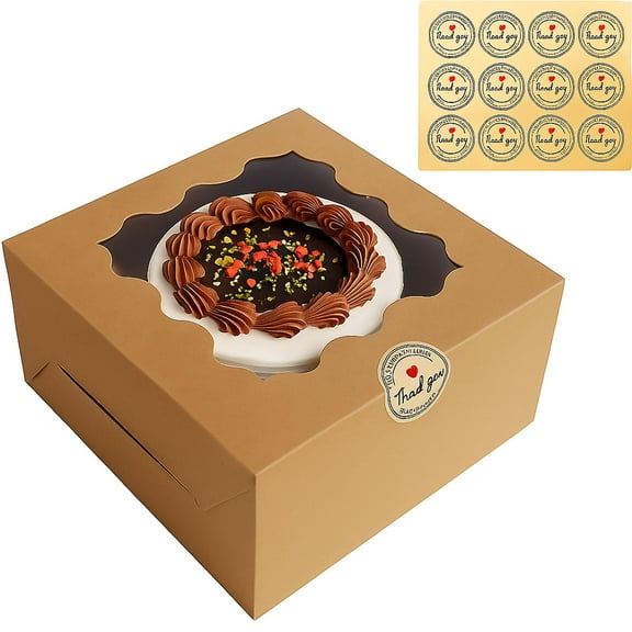 24 Pack Cake Boxes 8 Inches with Clear Window White Bakery Box with Stickers Perfect for Cakes Cupcakes, Treats, Desserts White Cardboard