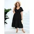 thumbnail image 4 of Robes d'Été Midi Maxi pour Femmes Grande Taille à Manches Courtes, Encolure Cœur, Taille Élastique, Robe Bohème de Plage Noire TTTG, 4 of 9