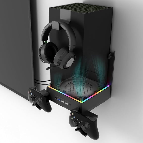 Wall Mount with Cooling Fan for Xbox Series X, 4 in 1 Wall Mount Kit for Xbox Series X, 3 Speed Low Noise Fan with RGB Light Strip & Touch Switch, 3 USB Port , Controller & Headphone Holder-Black