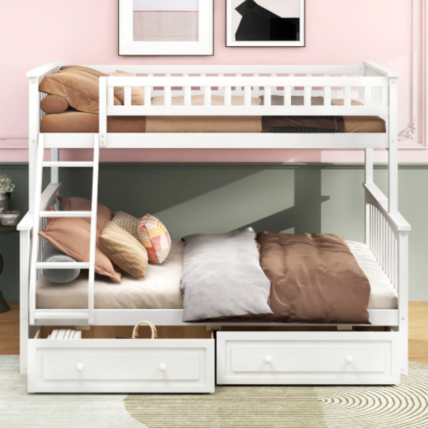 Twin Over Full Bunk Bed with Storage Drawers, Convertible Wood Bunk Bed Frame with Safety Guardrails, Solid Pine Wood Kids Bed for Bedroom, White