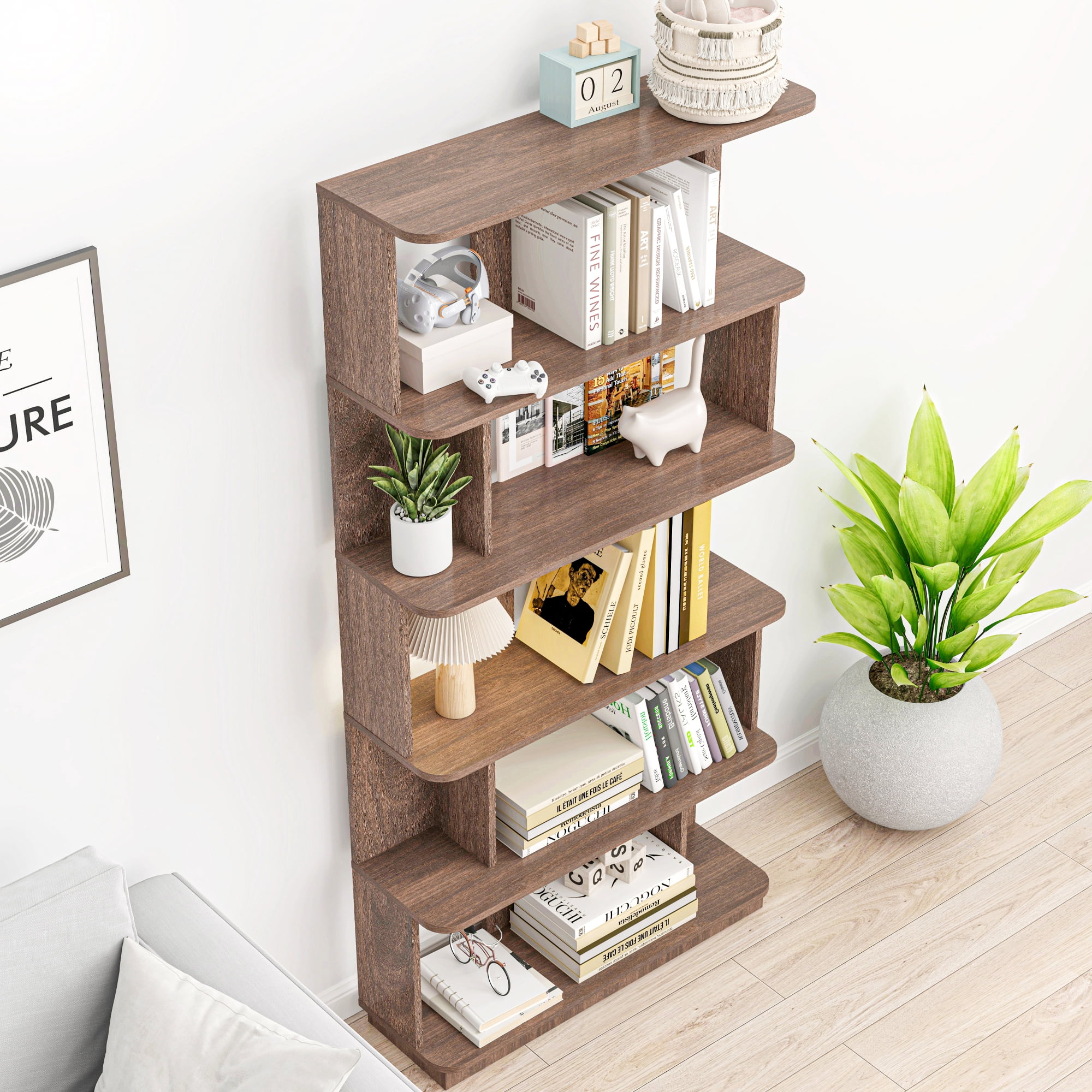 Leumius 5 Tier Open Storage Bookcase,Free Combination Bookshelf,Wood Display Shelving for Living Room Home Office Bedroom Decor Organizer,31.5" L x 64.56" H,Dark Brown