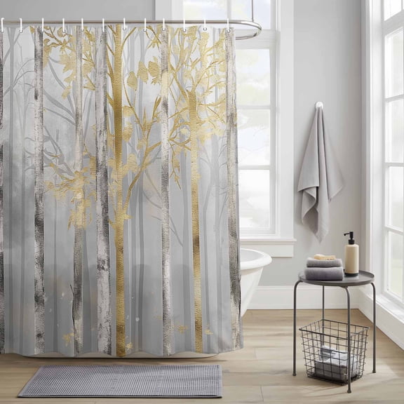 Bathroom Shower Curtain Grey Golden Forest Tree Branches Waterproof Shower Curtains with Hooks, Abstract Oil Painting Style Bath Curtains Bathtub Curtain Home Decor 36x72in