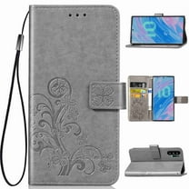 Dteck Case For Samsung Galaxy Note 10 Plus Wallet Case, Wallet Flip Folio Case Kickstand Card Slots Embossed Four-leaf Clover PU Leather Wallet Shockproof TPU Bumper Ultral Slim Cover - Gray