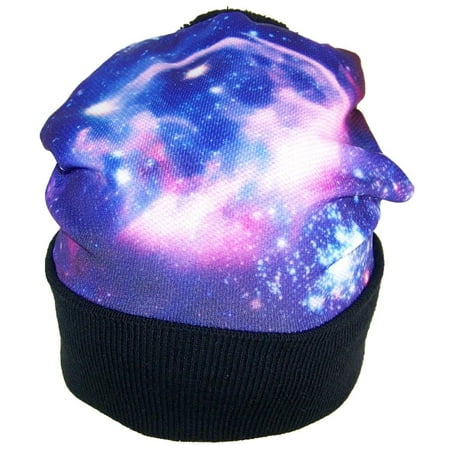Best Winter Hats Sublimation Print Cuffed Slouchy W/Pom Pom (One Size) - Black W/Galaxy