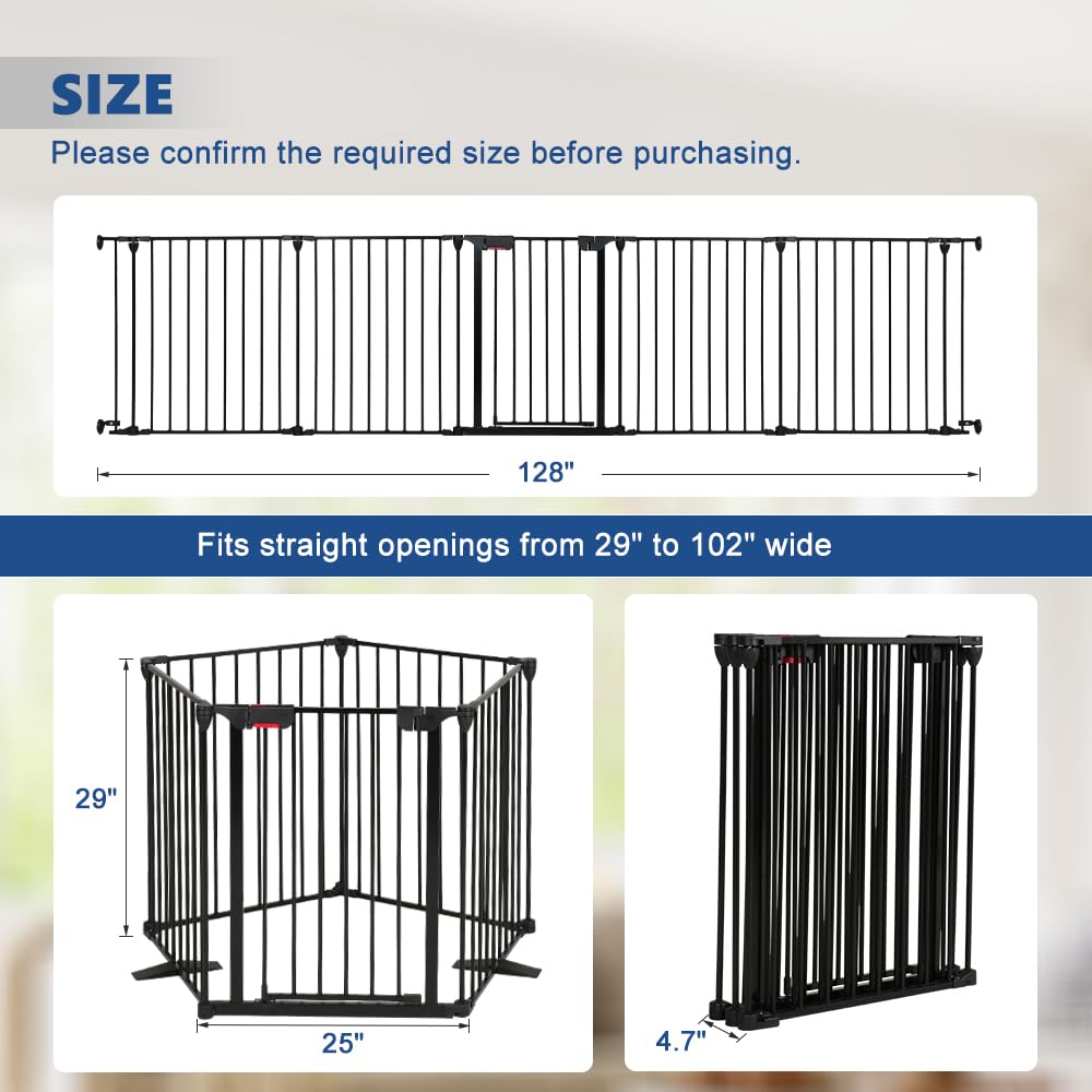 LUCKUP Freestanding Dog Gates with Door Walk Through, Extra Wide Doggy Door 125" W x 29" H Pet Gate Safty 5 Panels Dog Fence for Stairs, Doorways