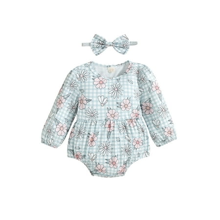 

Binpure Baby Girls 2Pcs Fall Outfits Long Sleeve Plaid Floral Print Romper + Bow Headband Set