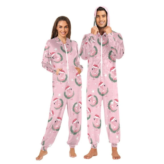 Adult Christmas Onesie Christmas Flamingo Adult Zipper One-Piece Pajamas Unisex Pajamas with Pockets