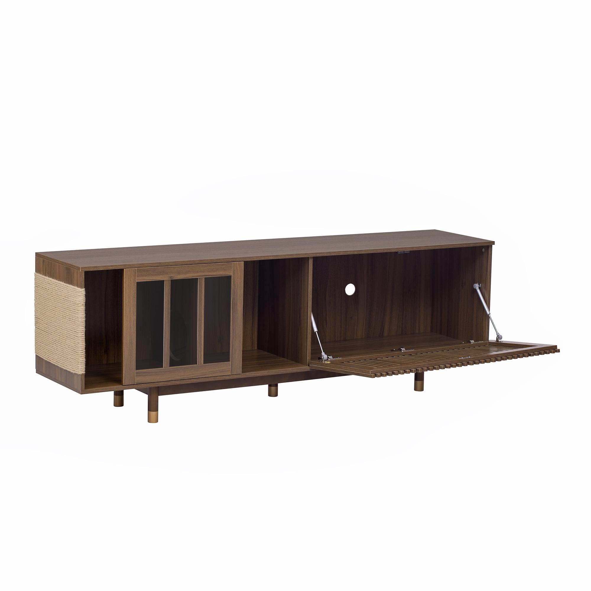 Euroco modern style Walnut TV STAND Cat house pet friendly With Sliding door flip-down