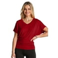 thumbnail image 2 of Women's Solid Short Sleeve V Neck Dolman Top With Side Shirring Wine L, 2 of 4