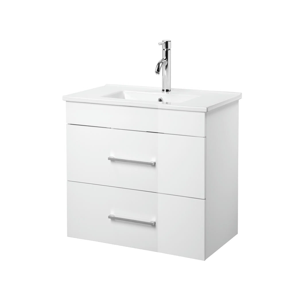 Canddidliike 32-Inch White Gloss Wall-Mounted Bathroom Vanity with Double Drawers, Soft-Close System, Modern and Minimalist Vanity with Ceramic Sink for Indoor, White