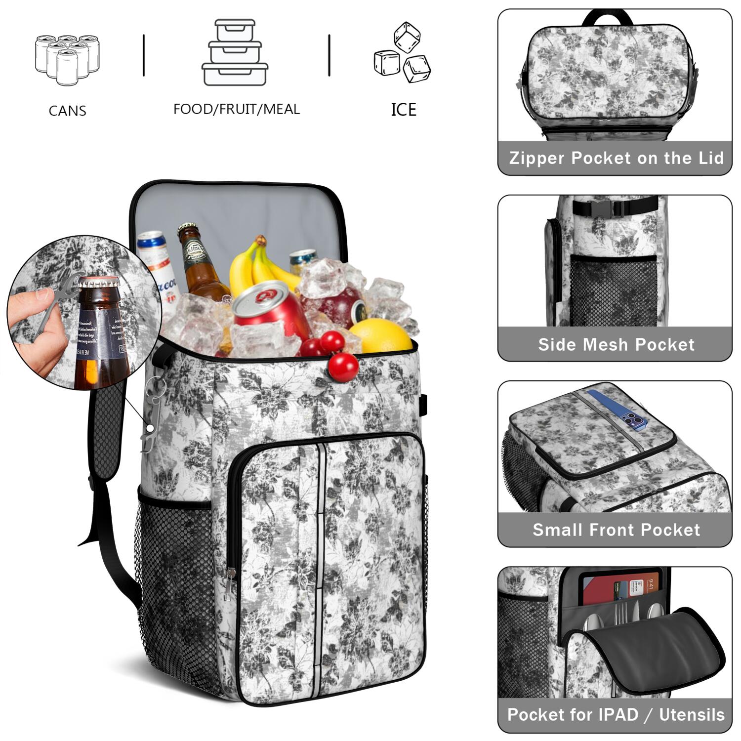 Travel Cooler Bag - Pioneer Flower Floral Print Pattern Camping Beer Cooler Backpack with Bottle Opener- Waterproof Insulated Picnic Backpacks - Cooler Bag for Beach