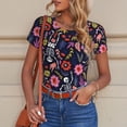 thumbnail image 6 of KLL Women 's Crew Neck Bodysuit Jumpsuits Dancing Skeletons Floral Garden Print Short onesies Stretch T Shirts, 6 of 7
