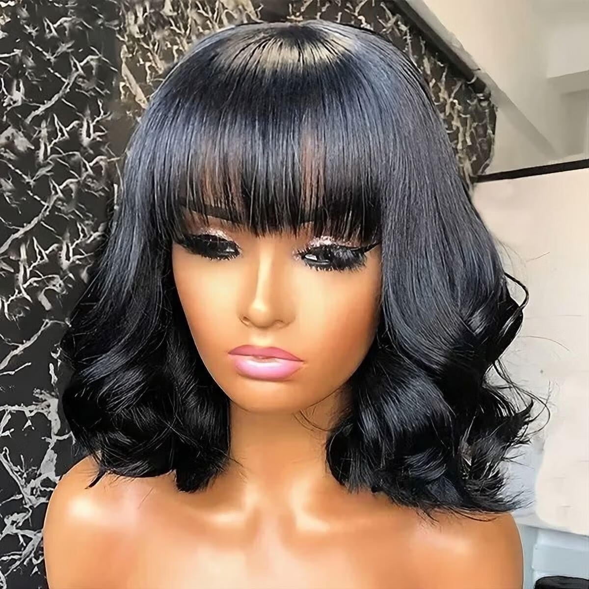 DOPI Natural Black Short Wavy Bob Human Hair Wig with Bangs(2Pack)
