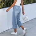 thumbnail image 4 of ASDFVBKG Women's Wide Leg Baggy Jeans Cropped Trendy Capri Jeans Stretch Denim Pull on Raw Hem Summer Denim Trouser Royal Blue M, 4 of 4