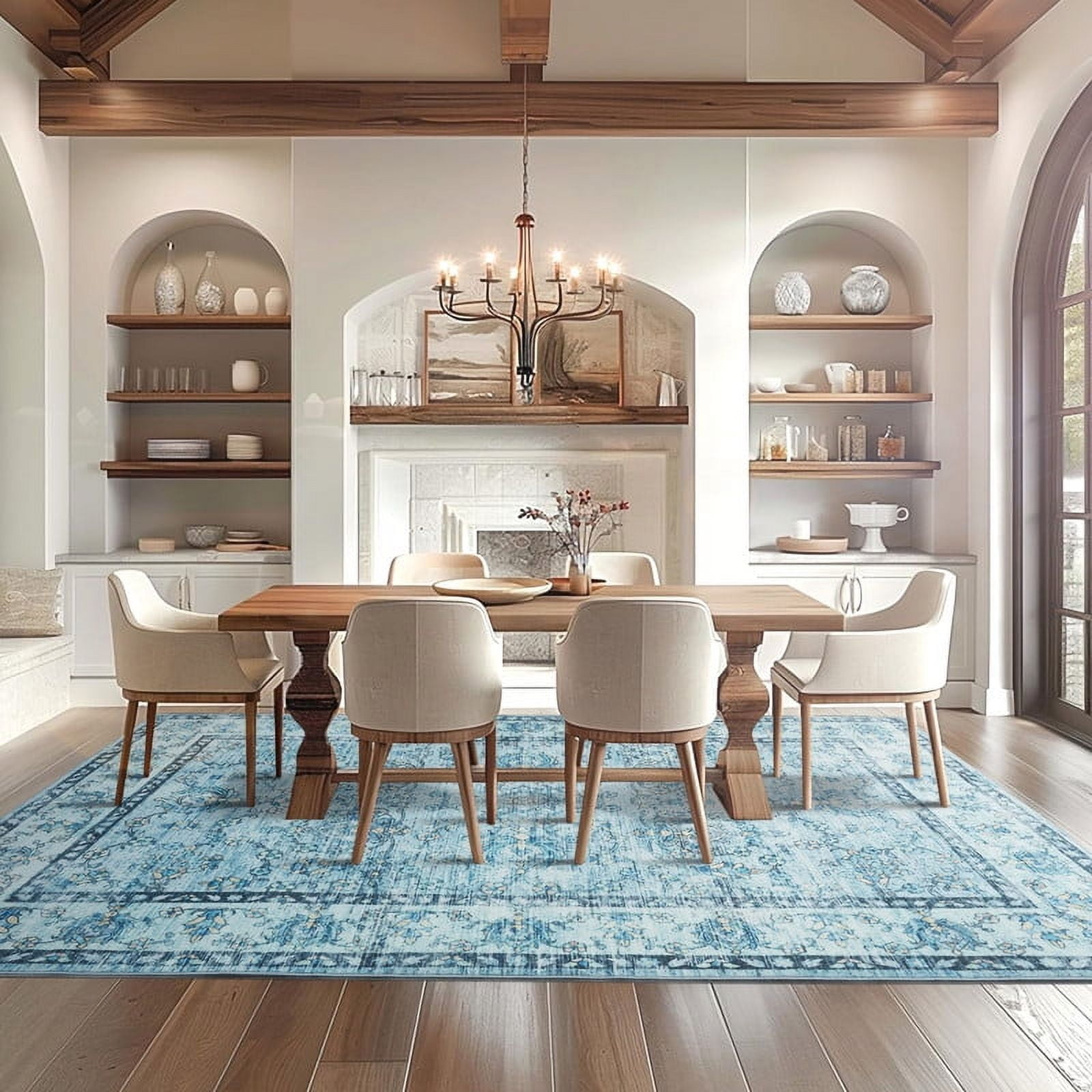 Jamfeel Washable Rugs Ultra-Thin Soft Non-slip Vintage Printed Area Rug Low-Pile Carpet for Living Room Indoor Decor 8'x10' Blue