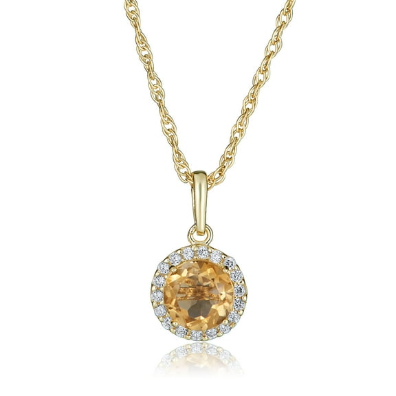 AVORA 10K Yellow Gold November Birthstone-Genuine Citrine with Simulated Diamond CZ Halo Pendant Necklace with 18" Chain