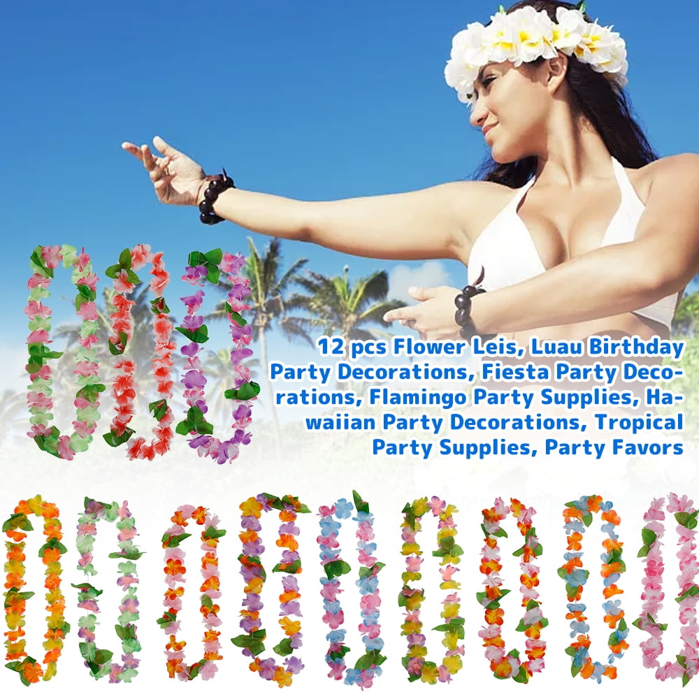 12pcs Hawaiian Lei Leis Flower Necklace Garland For Tropical Holiday Beach Party