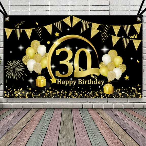 30th Birthday Decoration Black Gold, 30th Birthday Party Decoration for Women Men, Extra Large Fabric Sign Poster for 30th Birthday Background Banner 30th Birthday Party