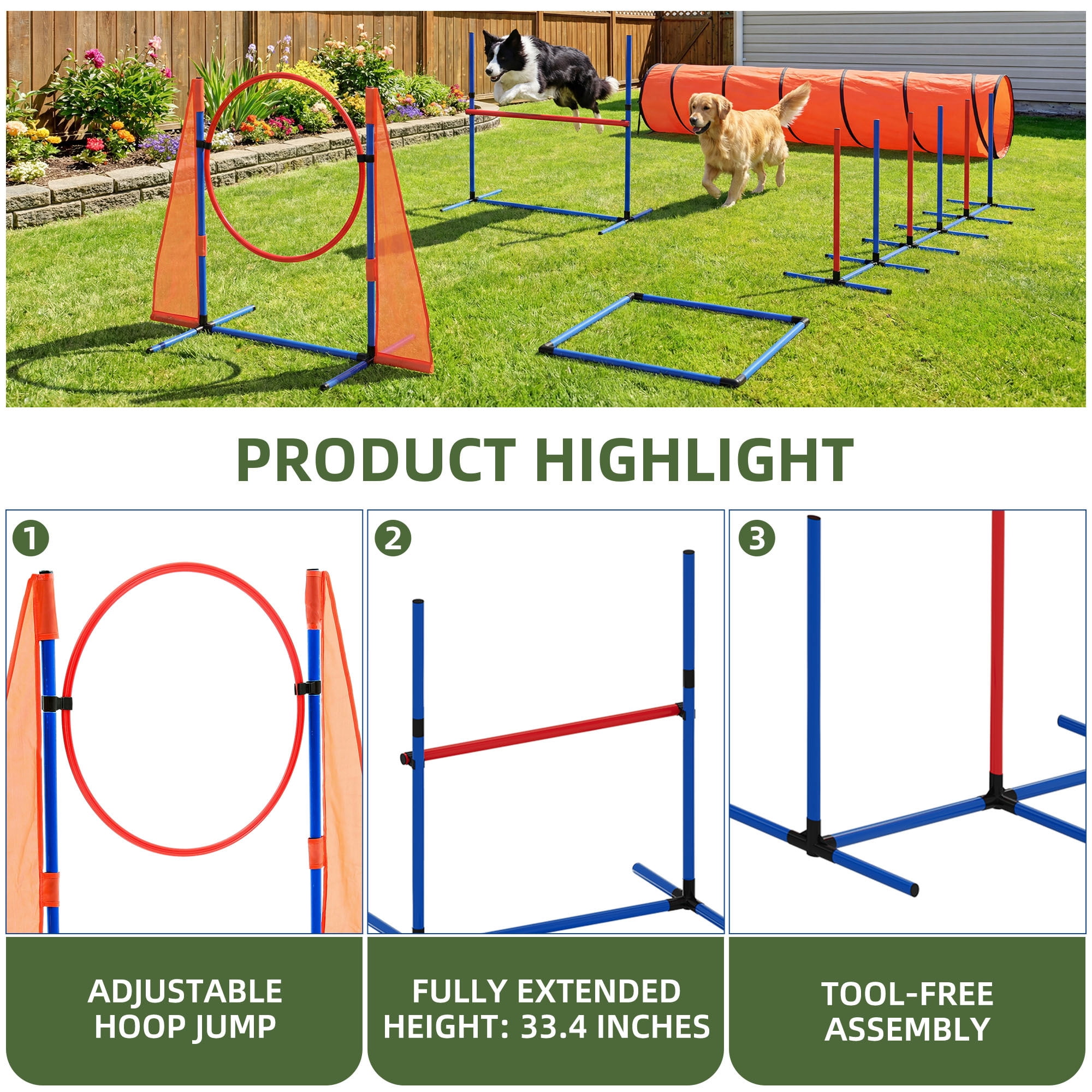 Uforic Dog Agility Equipments: Includes Flirt Pole, Agility Tunnel, 3 Jumps, 6 Weave Poles, Pause Box, Agility Course Set for Backyard, Indoor, Outdoor, Orange