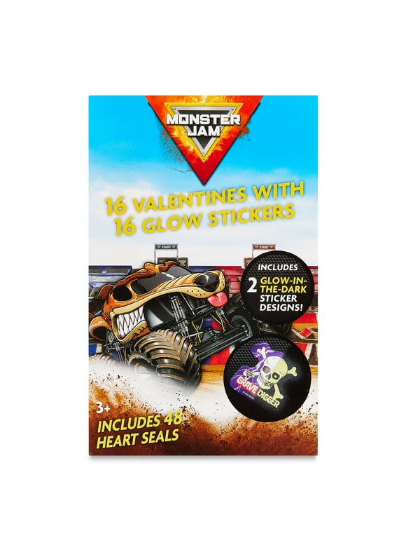 Monster Jam Valentine Exchange Cards with GID Stickers, Valentine's Day, Paper, 16 Count