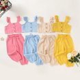 thumbnail image 3 of Canrulo Toddler Baby Girl Solid Color Ruffle Sleeveless Button Down Halter Tank Crop Tops and Pants Outfits Beige 3-4 Years, 3 of 6