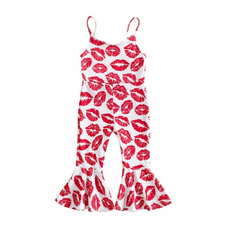 

Valentines Day Toddler Baby Girls Jumpsuit Sleeveless Spaghetti Straps Backless Heart/Lips Print Long Flare Pants Sets