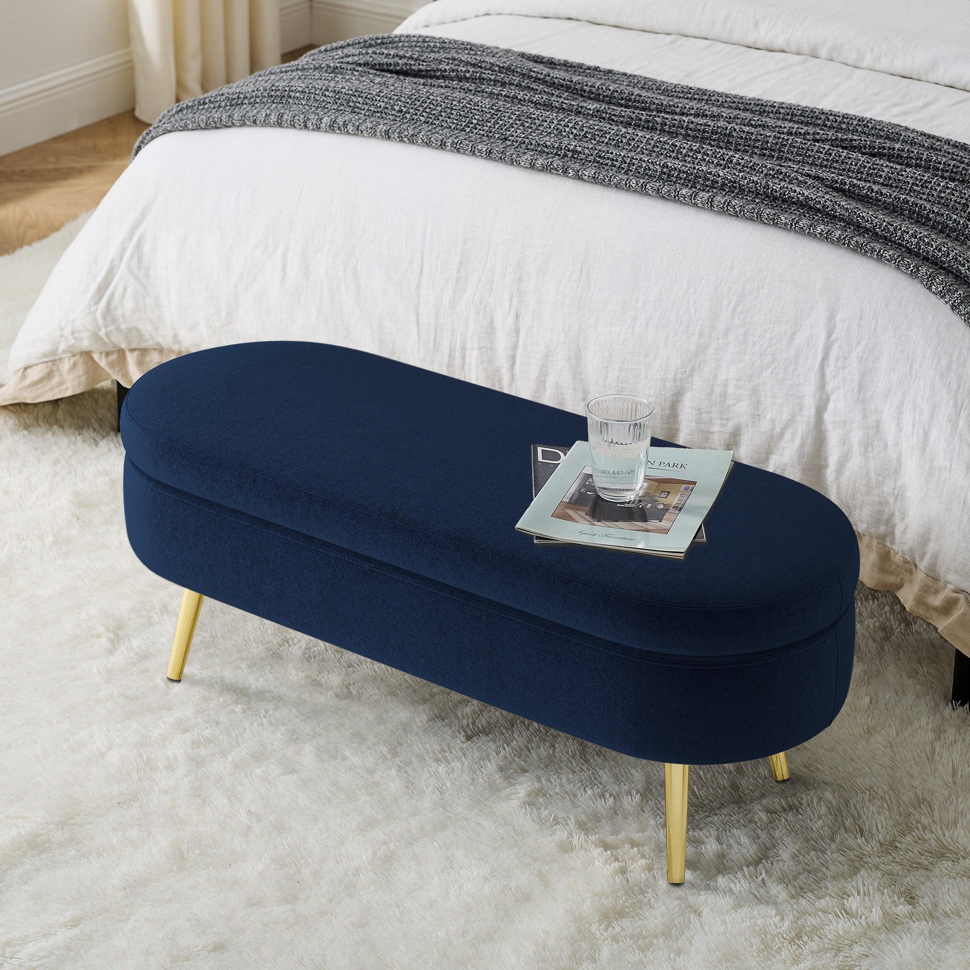 Oval Flannel Storage Ottoman Bench, Upholstered Footstool with Metal Legs, 43.5"x16"x16", 250lbs Capacity for Home Decor