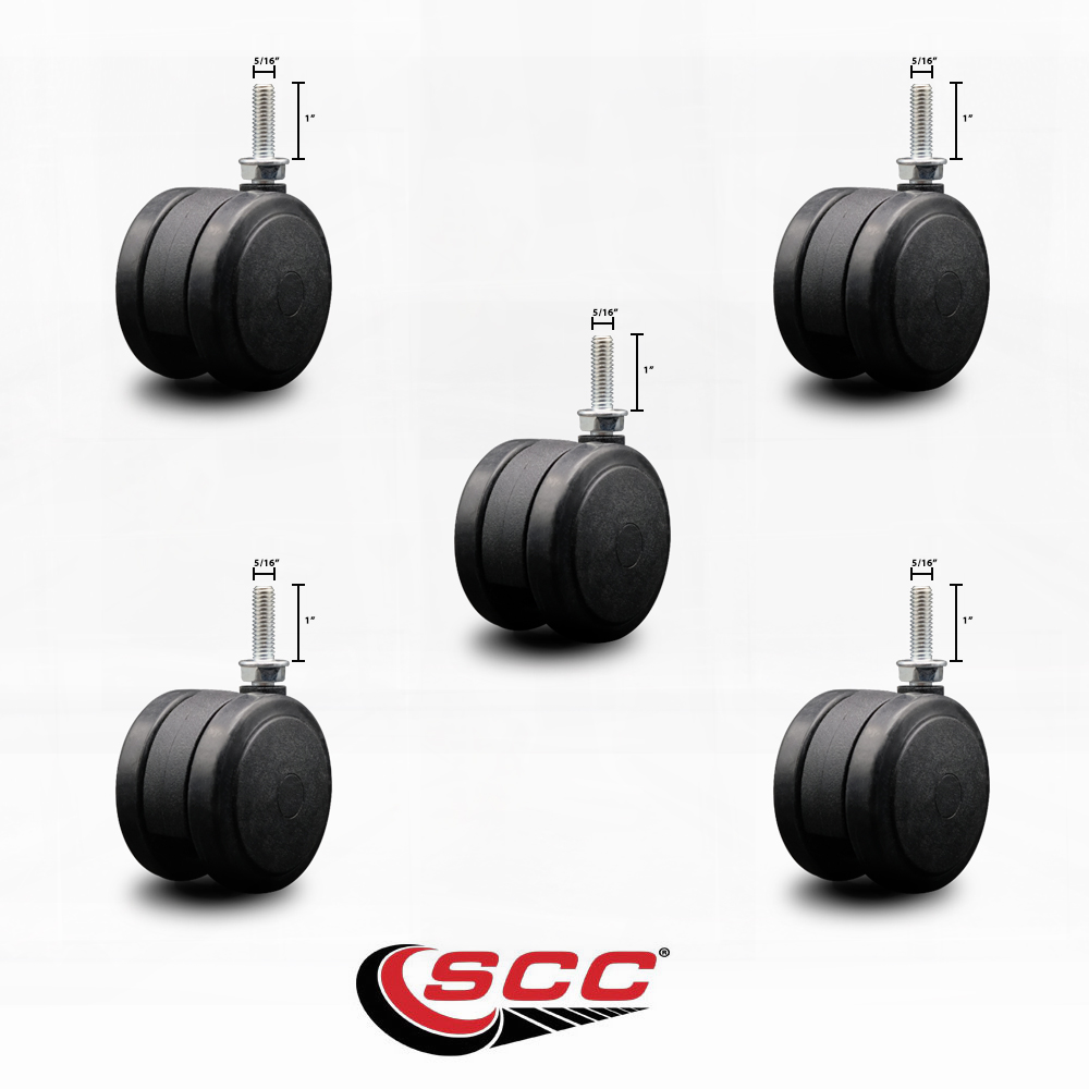 2-3/8 Inch Black Floor Safe Twin Wheel Casters 5/16 Threaded Stem Set of 5 SCC
