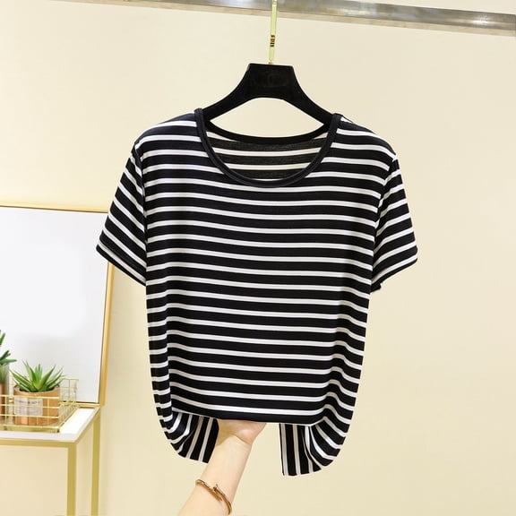 TODOZO Modal Striped T Shirts for Women Womens Short Sleeve Tops Striped Short Sleeved T Shirt for Women In Summer Worn Large Size To Show Off Weight. Half Sleeved Knitted Base Shirt