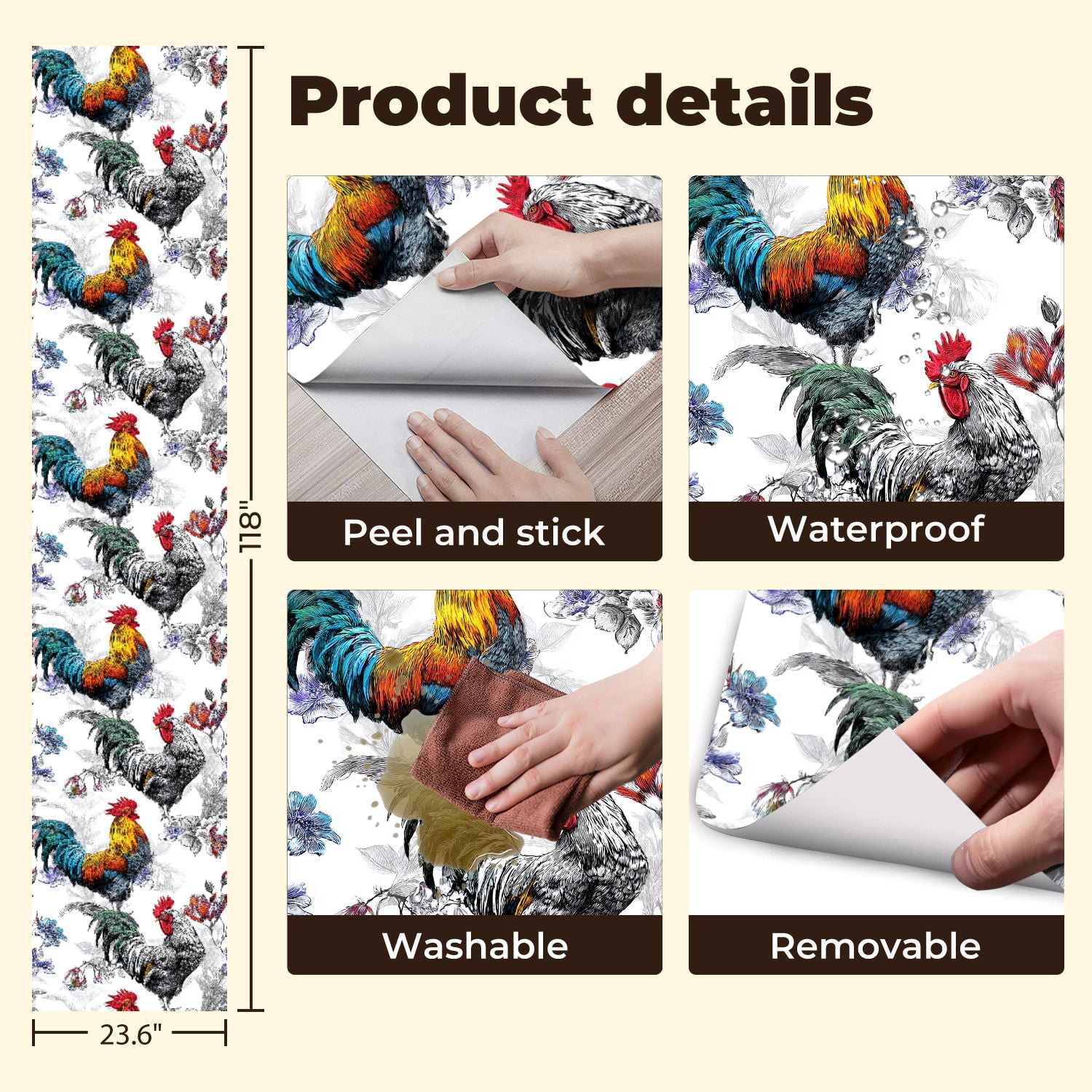 Farmhouse Peel and Stick Wallpaper Vibrant Rooster Colorful Feathers Floral Wall Mural 23.6in x 9.8ft Self Adhesive Wall Paper for Cabinets Drawers Bathroom Bedroom Thicken Vinyl Roll