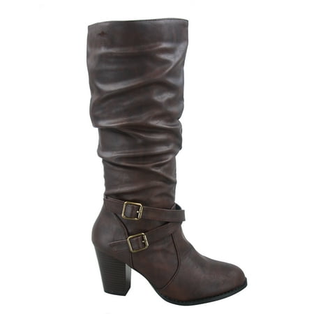 

Safety-52 Women s Buckle Side Zipper Chunky Heel Mid Calf K Boots Shoes ( Brown 9)